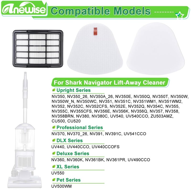 Anewise Filter Replacement for Shark Navigator Lift Away Deluxe Professional Vacuum ZU503AMZ NV350 NV351 NV352 NV355 NV357 NV360 NV370 UV440 UV540, Parts XFF350 & XHF350, 1 HEPA + 2 Pre-Felt Filters - Image 3